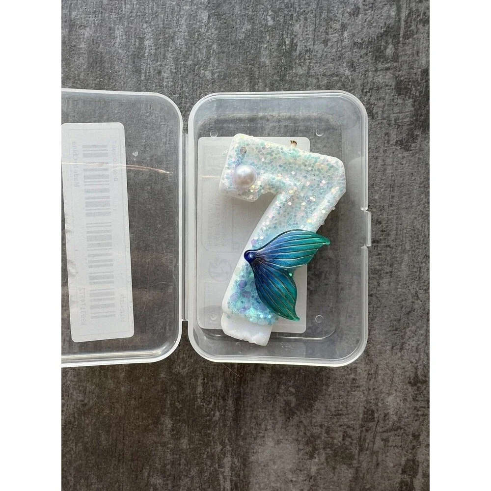 Cake Candle Teal Glitter Cake Topper Girl Little Mermaid Birthday Party 7 USED